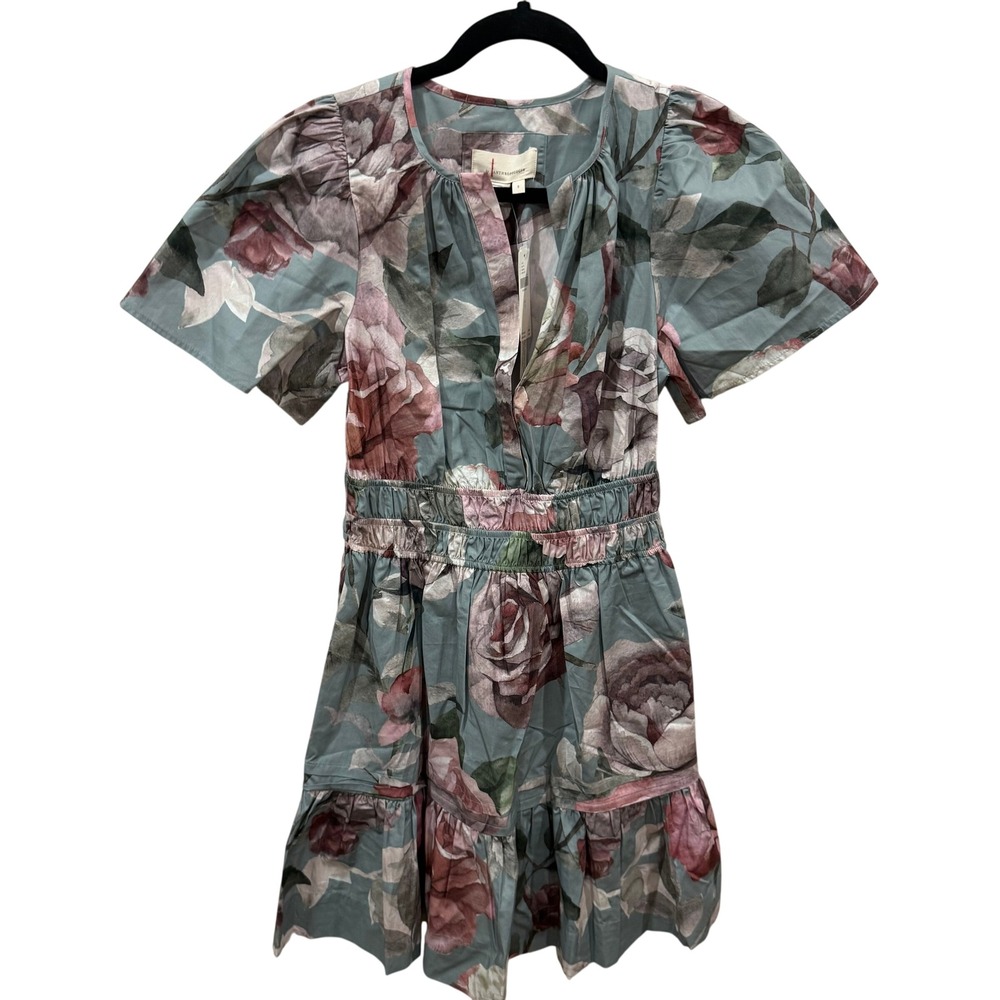 Anthropologie Floral Smocked Tiered Mini Dress Green Pink Size S NWT